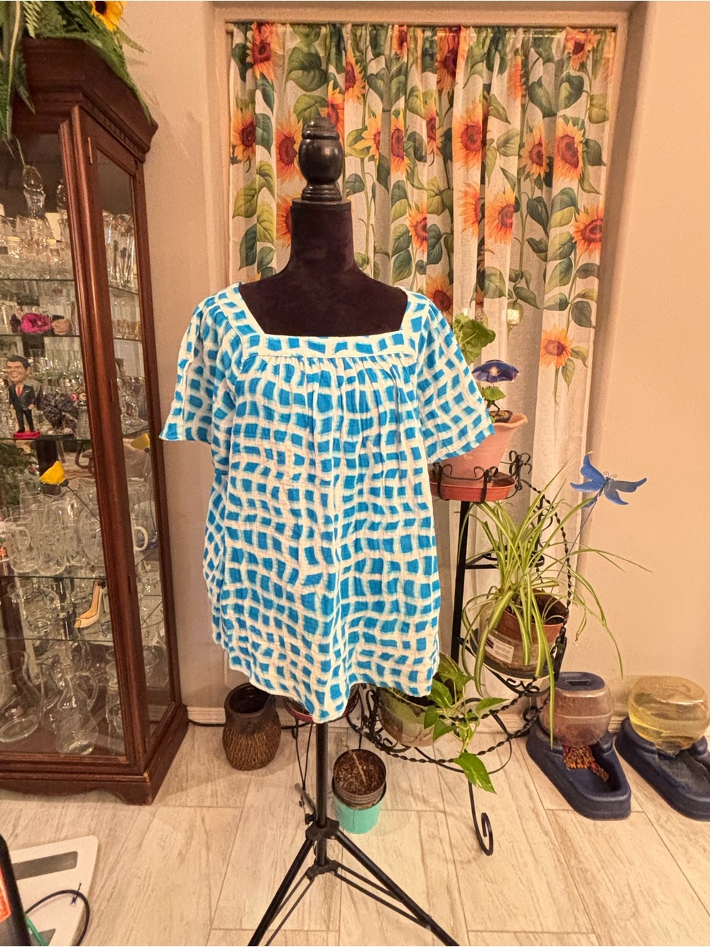 Lane Bryant White and Blue Square-Neck Flutter Sleeve Blouse